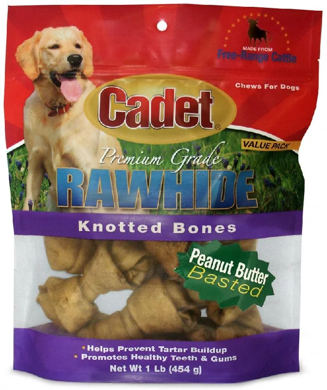 Cadet Rawhide Peanut Butter Flavor Knotted Bones for Dogs (1-lb, Peanut Butter)