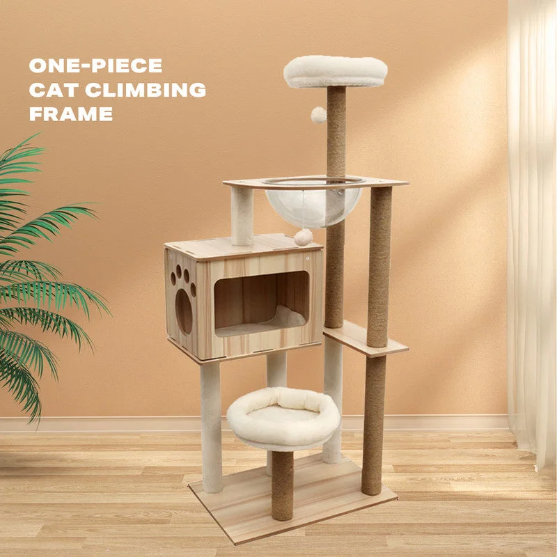 135cm Wooden Cat Tree With Plush Bed & Capsule Pod