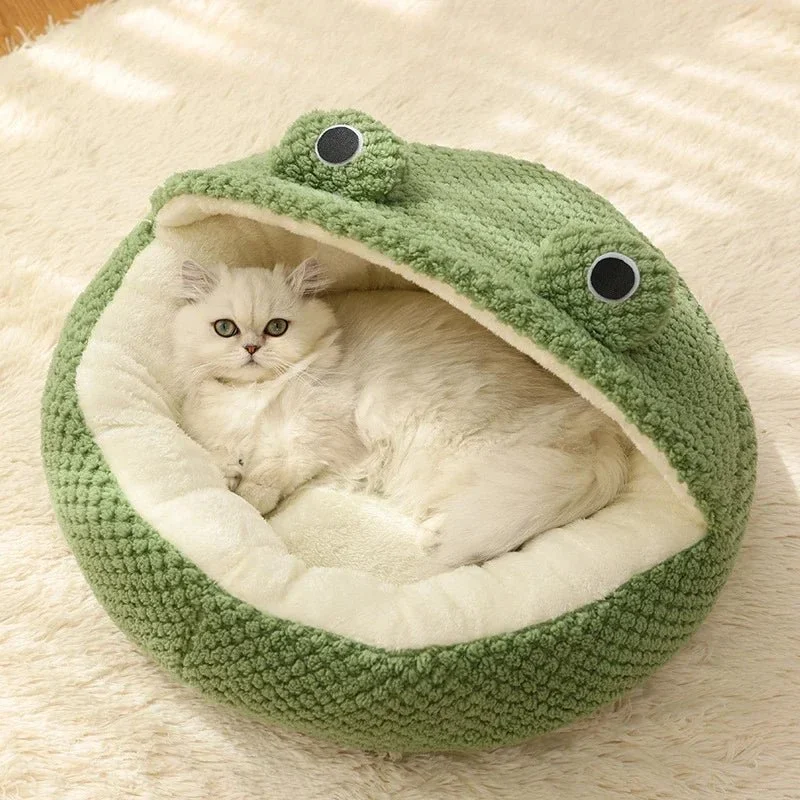 Cozy Frog-Themed Cat Bed – Plush Semi-Enclosed Nest for Cats & Small Dogs, Perfect for Snuggly Autumn and Winter Comfort