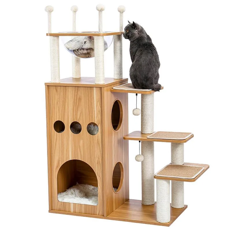 Modern Cat Tree for Large Cat with Clear Bowl & Scratch Post