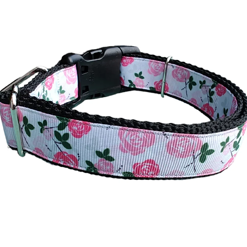 Pink Roses Nylon Dog Collar