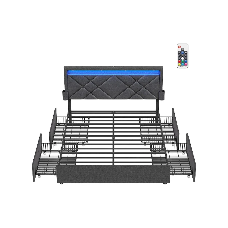 LED Bed Frame Queen Size with Headboard and 4 Drawers