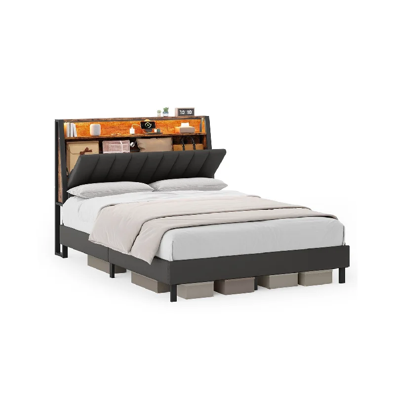 Bed Frame with Storage Headboard and Charging Station