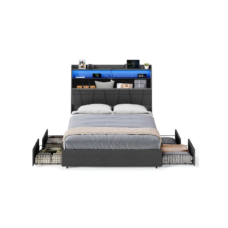 Bed Frame Queen Size with LED Lights, Charging Station