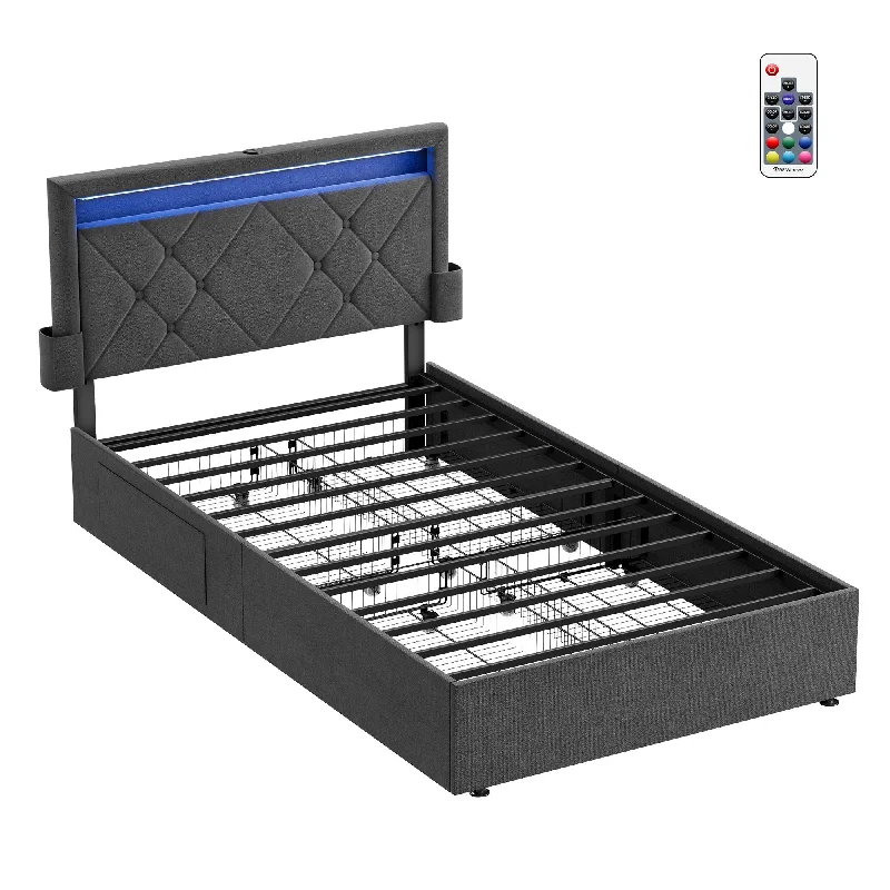 VASAGLE LED Bed Frame Twin Size with Headboard and 4 Drawers